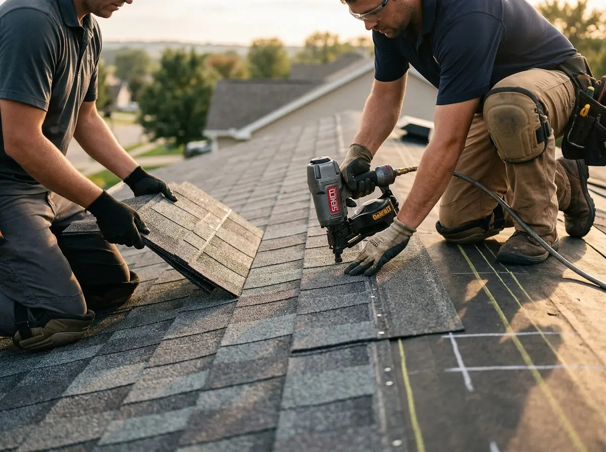 Professional roofer working on a residential roof in Sheffield